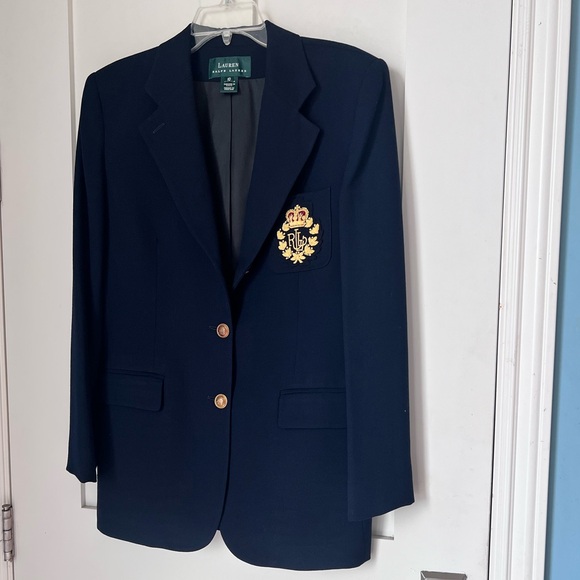 Lauren Ralph Lauren Navy Blue Preppy Academia Gold Logo Crest Wool Blazer sz 10 - Picture 7 of 12